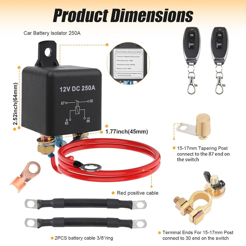 FEITON 2G 250A Remote Battery Disconnect Switch & 5 AWG Battery Cables, DC12V Top Post Negative Battery Kill Switch for Car RV Truck Wireless Anti-Theft Prevent Battery Drain(450A Starting Current) - Image 4
